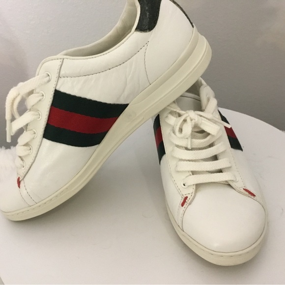 Gucci Shoes - Gucci White Leather Sneakers with Red & Green Stripe